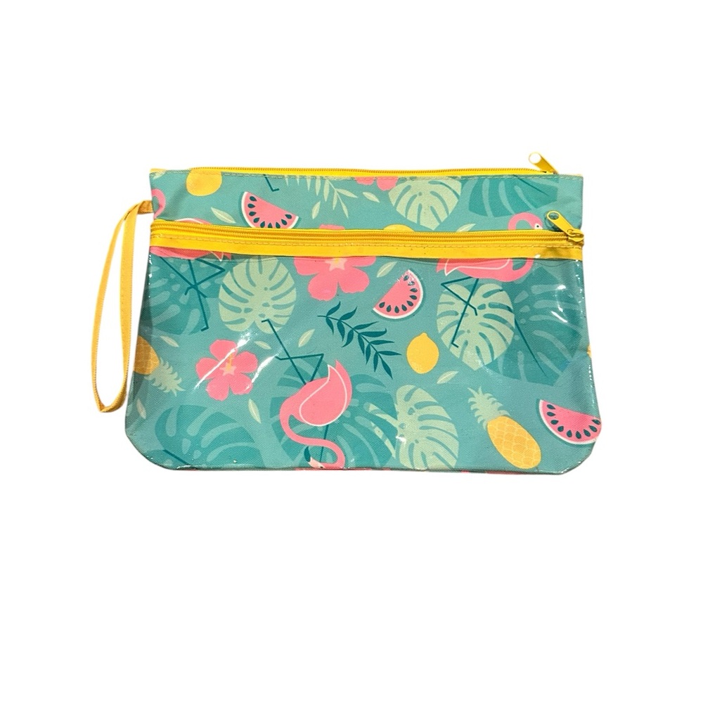 Flamingo Tropical Print Swimsuit or Cosmetic Bag Pink Green Yellow Wristlet